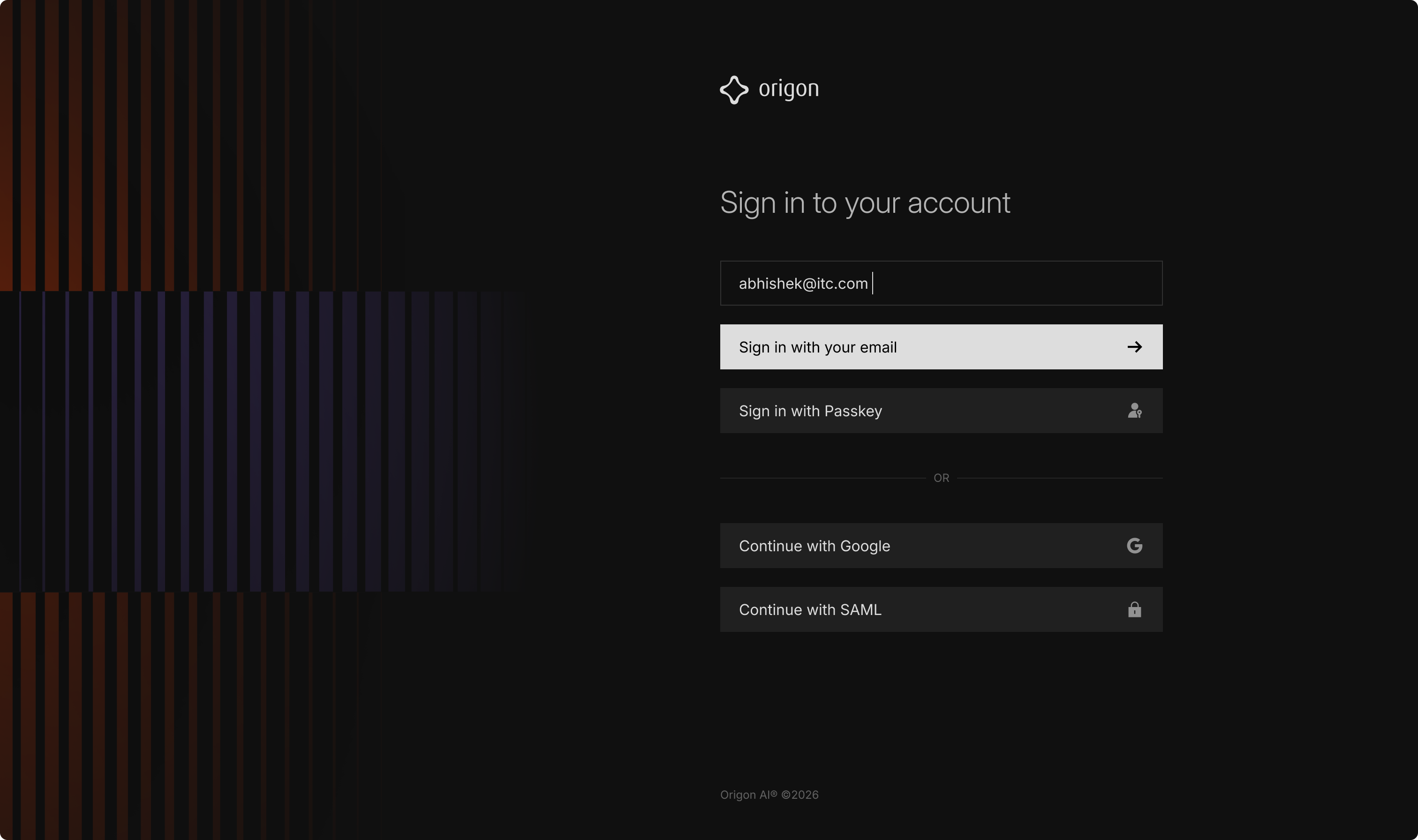 Origon sign-in screen with passkey, Google, and SAML options
