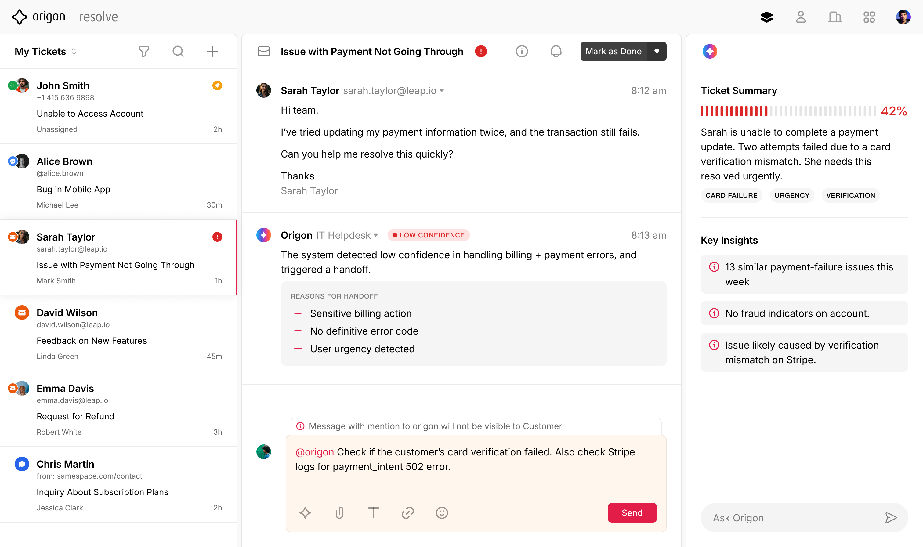 Resolve ticket view with the assistant handing off a low-confidence reply to a human agent