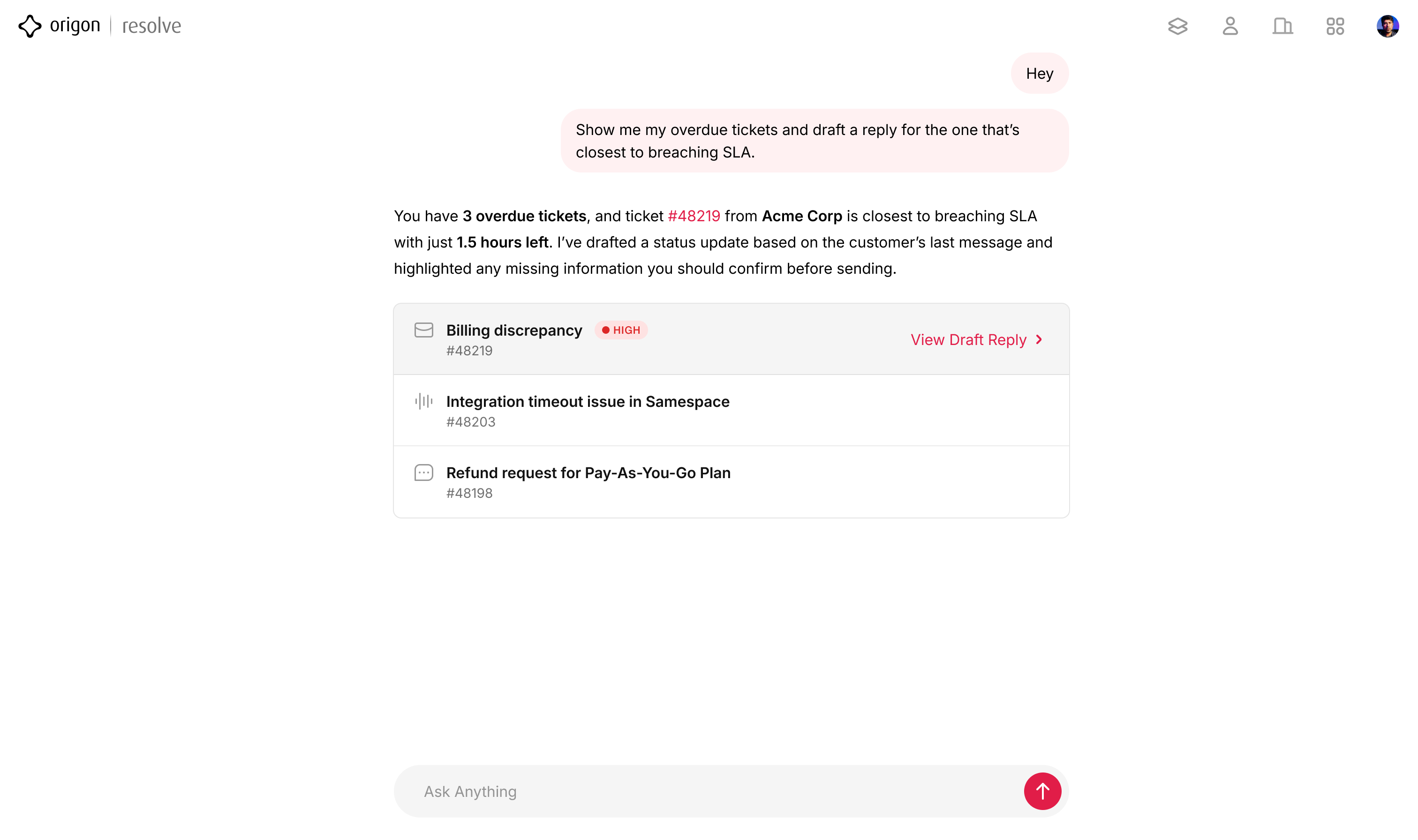 Resolve assistant surfacing overdue tickets and drafting a reply