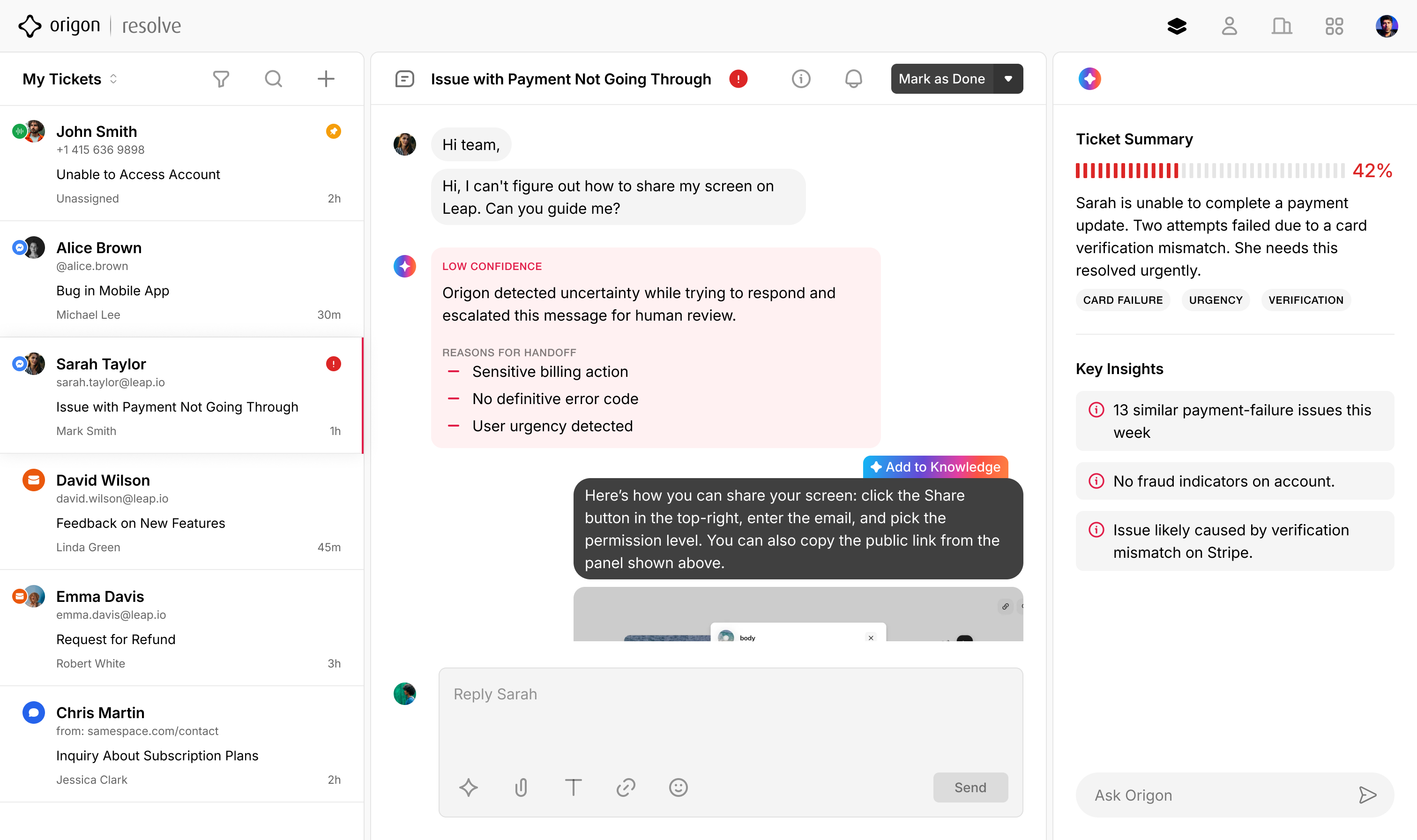 Resolve conversation view with low-confidence handoff to a human agent