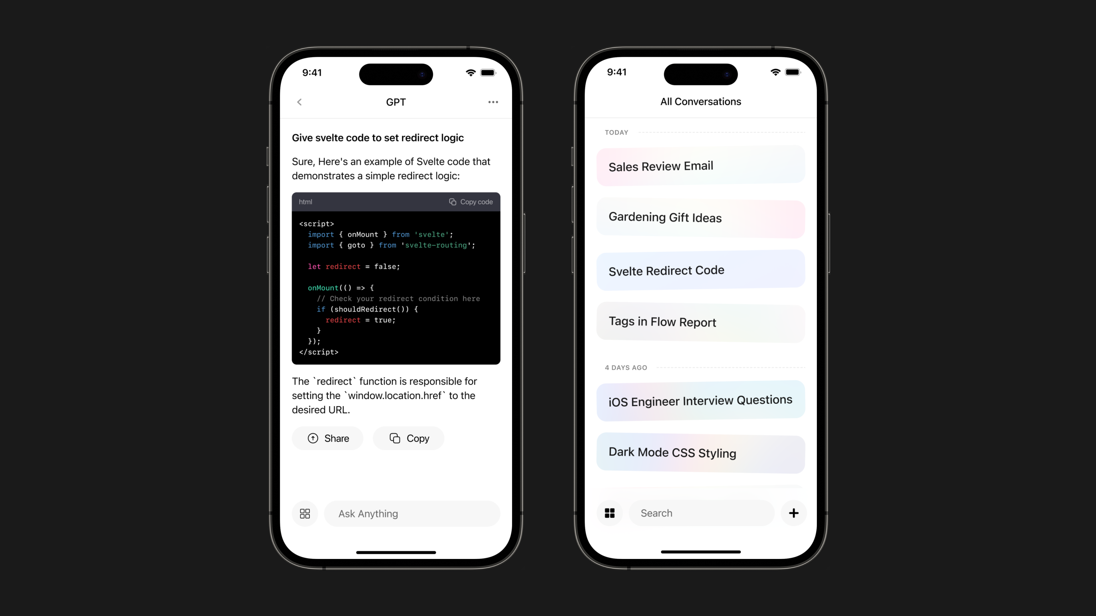 Tribe AI assistant generating Svelte code and the conversations list