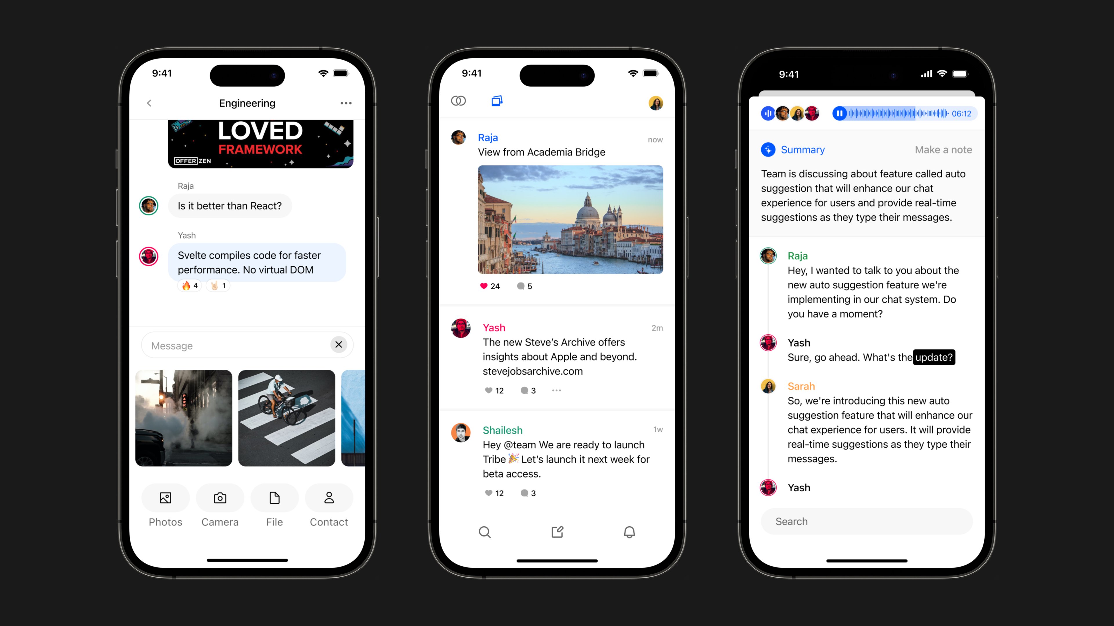 Tribe channel feed, photo picker, and AI summary of a chat thread