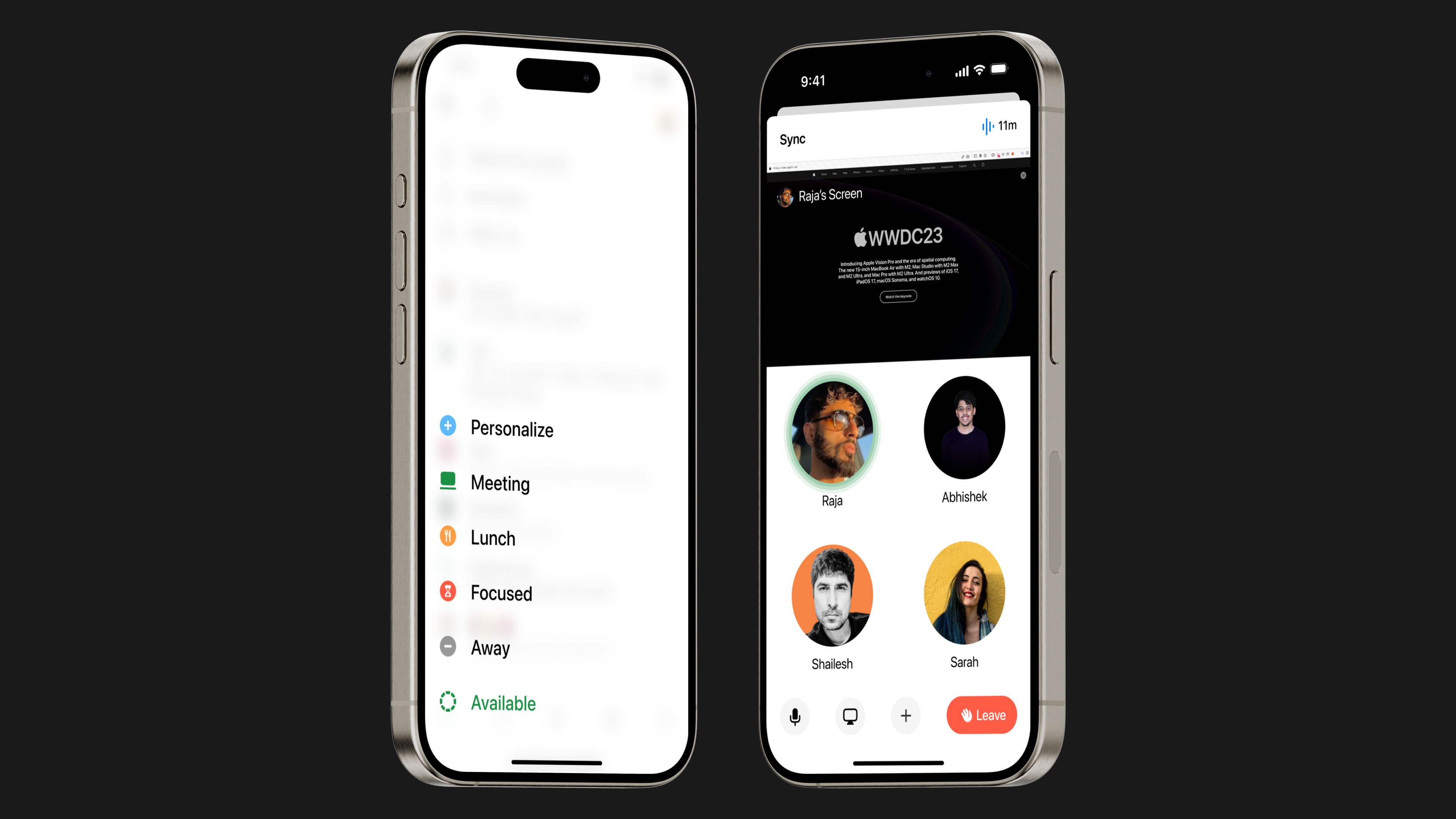 Tribe status menu and group video call with screen share